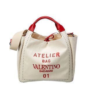 Valentino Atelier Bow Canvas & Leather Tote, Beige